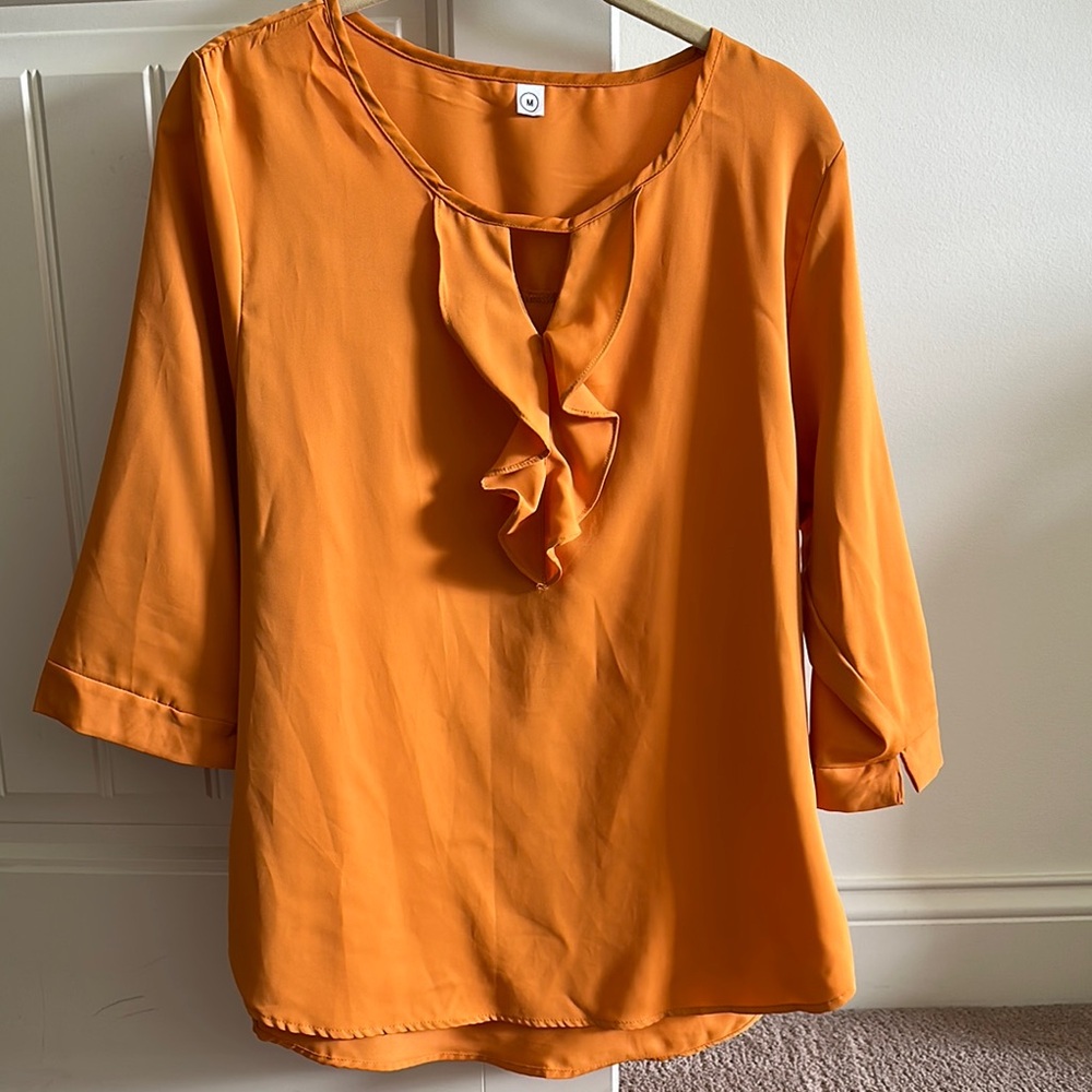 SHEIN Orange Ruffled Blouse with Three-Quarter Sleeves